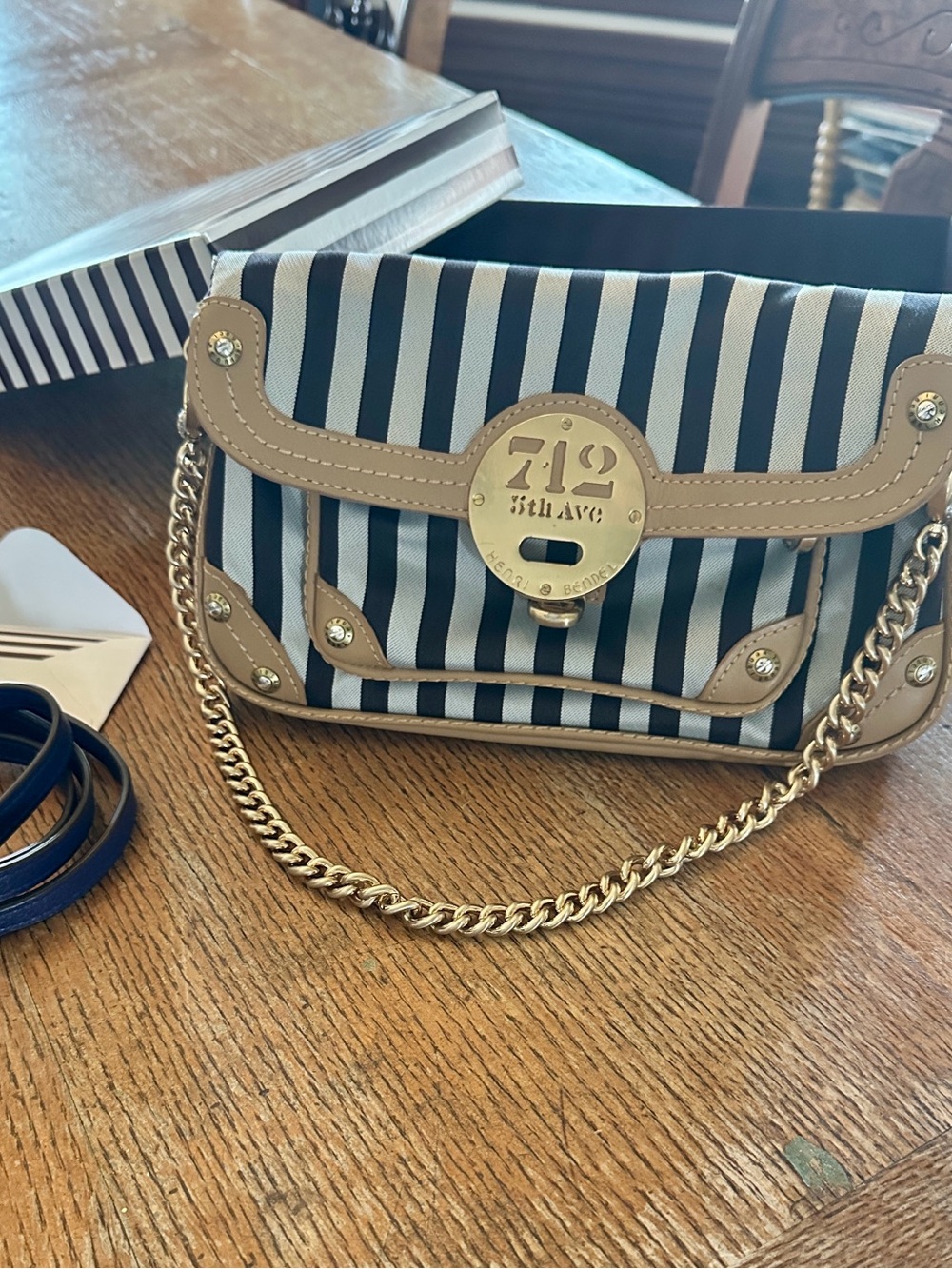 henri bendel Navy & White Striped Crossbody with Tan Trim